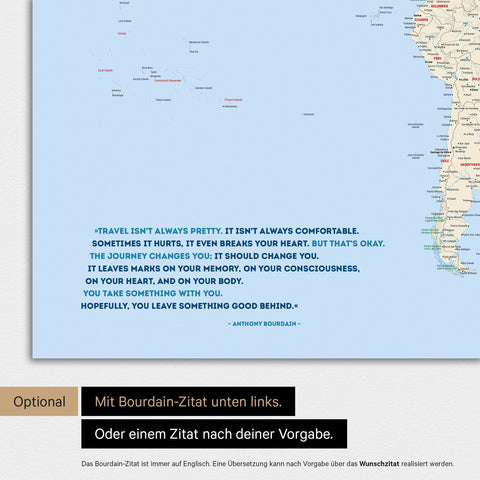 Mappa del mondo a colori Multicolor Classic con citazione stampata di Anthony Bourdain, che può essere sostituita con qualsiasi altra citazione durante la personalizzazione
