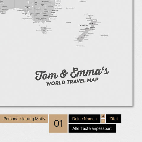 Mappa del mondo personalizzata a colori Multicolor Grigio con il tuo nome stampato