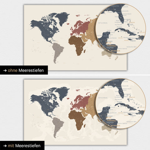 Mappa del mondo a colori multicolore opaca con profondità marine bidimensionali