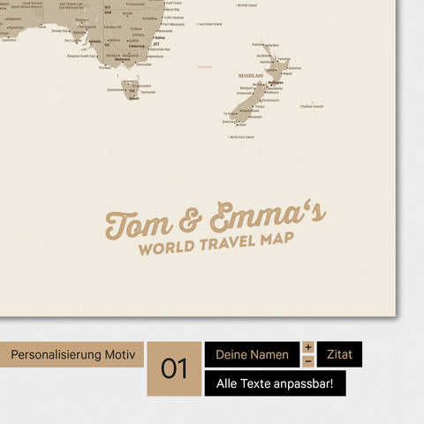 Mappa del mondo personalizzata a colori multicolore opaca con il tuo nome stampato