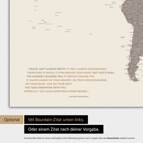 Mappa del mondo a colori multicolore opaca con citazione stampata di Anthony Bourdain, che può essere sostituita con qualsiasi altra citazione durante la personalizzazione