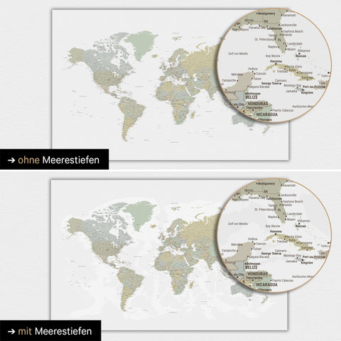 Mappa del mondo a colori Multicolor Sage con profondità marine bidimensionali