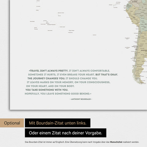 Mappa del mondo a colori Multicolor Sage con citazione stampata di Anthony Bourdain, che può essere sostituita con qualsiasi altra citazione durante la personalizzazione