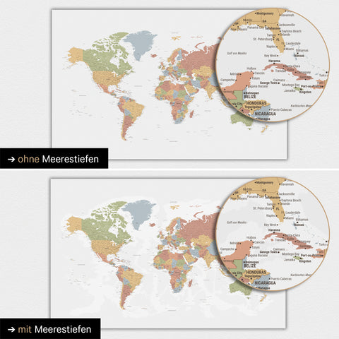 Mappa del mondo a colori Multicolor Siena con profondità marine bidimensionali