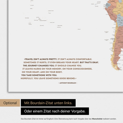 Mappa del mondo a colori Multicolor Sienna con citazione stampata di Anthony Bourdain, che può essere sostituita con qualsiasi altra citazione durante la personalizzazione