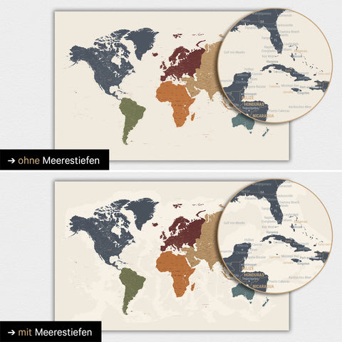 Mappa del mondo a colori Multicolor Vivid con profondità marine bidimensionali
