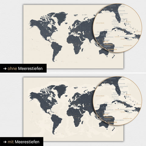Mappa del mondo in colore Navy Light con profondità marine bidimensionali
