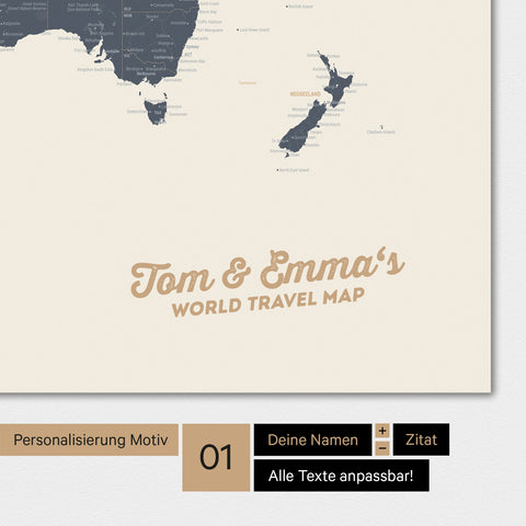 Mappa del mondo personalizzata in colore Navy Light con il tuo nome stampato