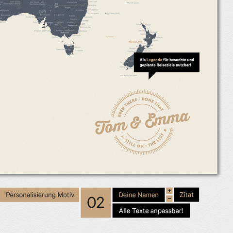 Motivo alternativo per una personalizzazione con il tuo nome su una mappa del mondo in colore Navy Light
