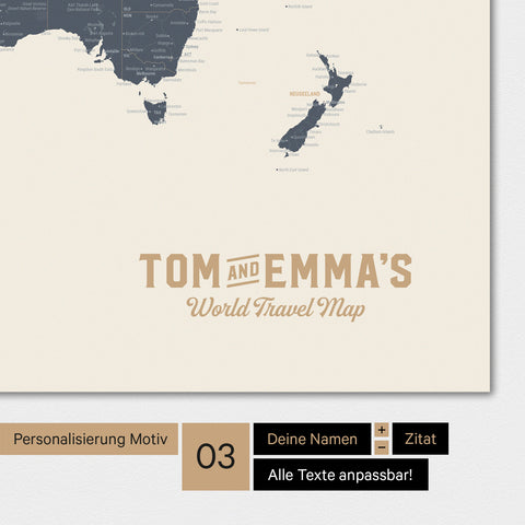 Mappa del mondo in colore Navy Light con un logo vintage come personalizzazione moderna