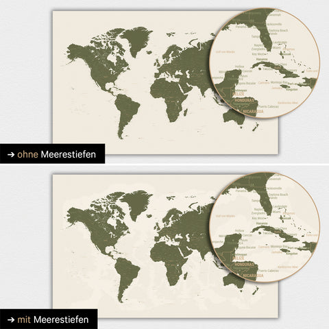 Mappa del mondo in colore verde oliva con profondità marine bidimensionali