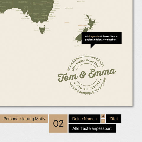 Motivo alternativo per una personalizzazione con il tuo nome su una mappa del mondo nel colore Verde Oliva