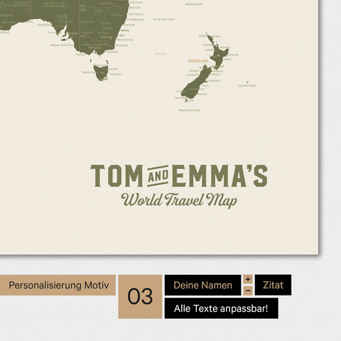 Mappa del mondo in colore verde oliva con un logo vintage come personalizzazione moderna