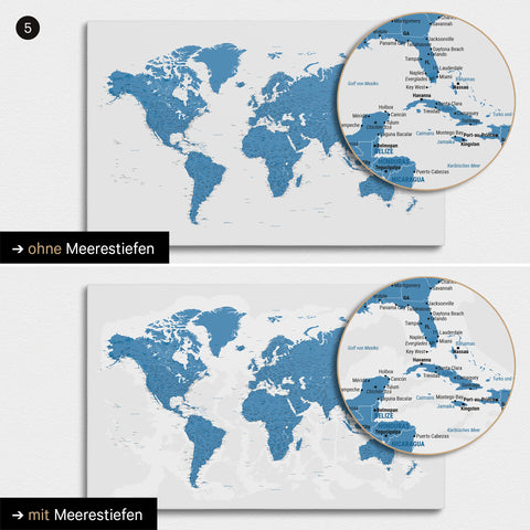 Mappa del mondo in blu con profondità marine bidimensionali