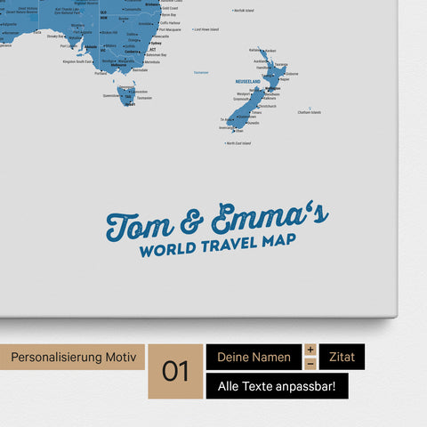 Mappa del mondo come Mappa per puntine su tela blu con personalizzazione e stampa del tuo nome