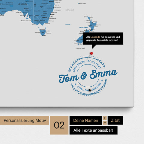Mappa del mondo personalizzata come Mappa per puntine su tela blu con nomi stampati e una legenda per segnare i luoghi visitati