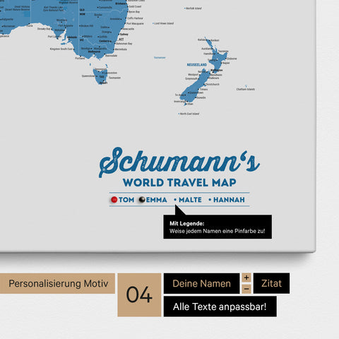Mappa per puntine tela di una mappa del mondo in blu con personalizzazione come logo con cognome e legenda