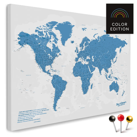 Mappa del mondo di alta qualità in blu come tela da appuntare, perfetta per segnare e pianificare viaggi, acquista