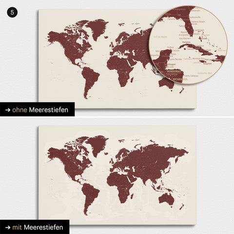 Mappa del mondo in rosso bordeaux con profondità marine bidimensionali