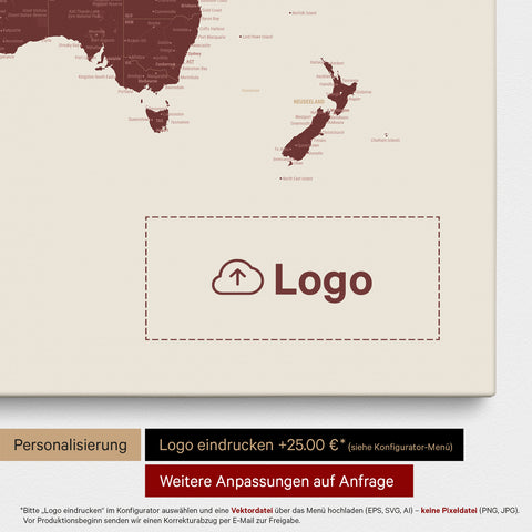 Mappa del mondo come Mappa da puntine in rosso bordeaux, sulla quale può essere stampato un logo aziendale e possono essere effettuate ulteriori personalizzazioni come realizzazioni su misura