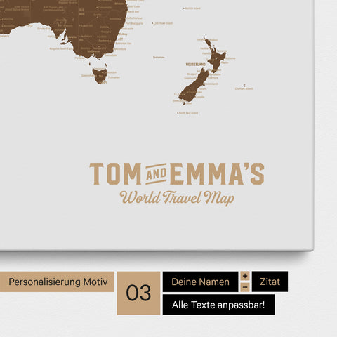Personalizzazione di una Mappa per puntine del mondo marrone con un logo in stile vintage, in cui è possibile modificare i nomi e la sottotitolo "World Travel Map"