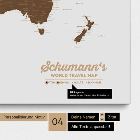 Mappa per puntine tela di una mappa del mondo marrone con personalizzazione come logo con cognome e legenda
