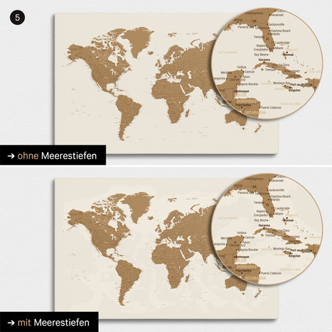 Mappa del mondo in bronzo con profondità marine bidimensionali
