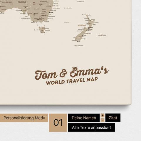 Mappa del mondo come Mappa per puntine su tela in Desert Sand (Beige) con personalizzazione e stampa dei tuoi nomi