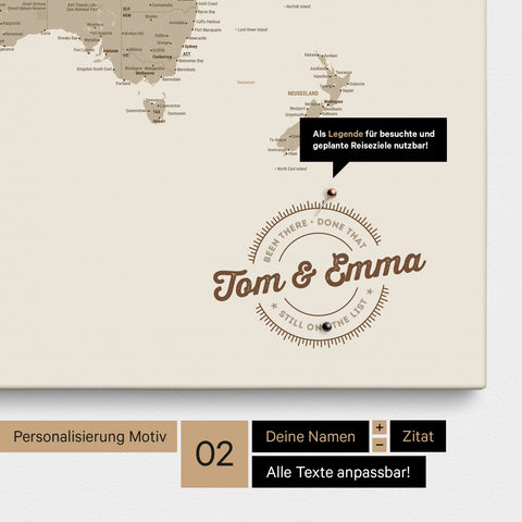 Mappa del mondo personalizzata come Mappa per puntine su tela in Desert Sand (beige) con nomi stampati e una legenda per segnare i luoghi visitati