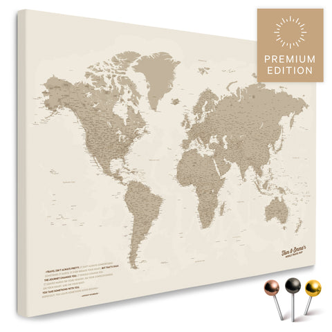 Mappa del mondo di alta qualità in Desert Sand (beige) come tela da appuntare, perfetta per segnare e pianificare viaggi, acquista