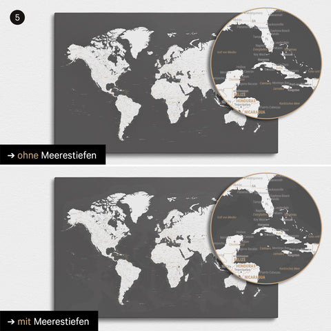 Mappa del mondo in grigio scuro con profondità marine bidimensionali