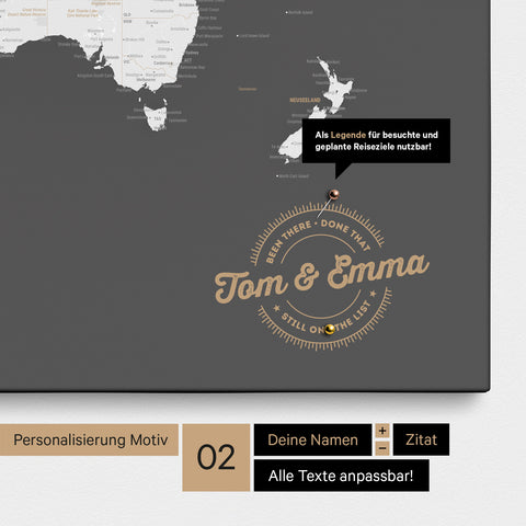 Mappa del mondo personalizzata come Mappa per puntine su tela grigio scuro con nomi stampati e una legenda per segnare i luoghi visitati