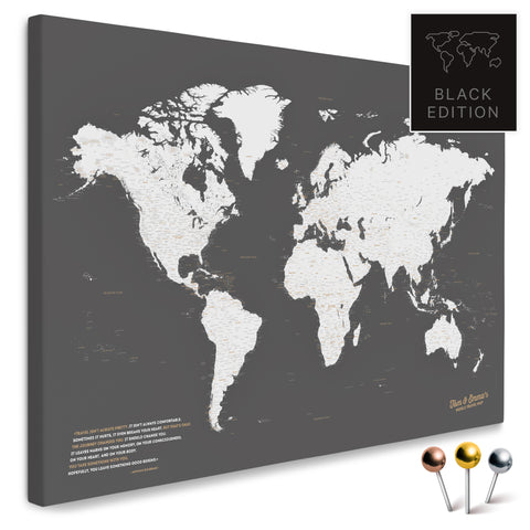 Mappa del mondo di alta qualità in grigio scuro come tela da appuntare, perfetta per segnare e pianificare viaggi, acquista
