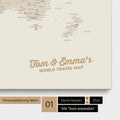 Mappa del mondo come Mappa per puntine su tela dorata con personalizzazione e stampa del tuo nome