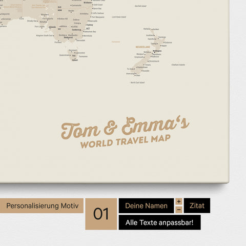 Mappa del mondo come Mappa per puntine su tela dorata con personalizzazione e stampa del tuo nome