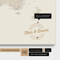 Mappa del mondo personalizzata come Mappa per puntine su tela dorata con nomi stampati e una legenda per segnare i luoghi visitati
