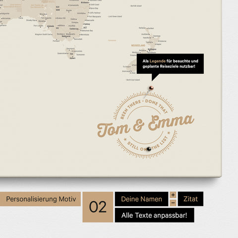 Mappa del mondo personalizzata come Mappa per puntine su tela dorata con nomi stampati e una legenda per segnare i luoghi visitati