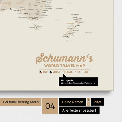 Mappa per puntine su tela di una mappa del mondo in oro con personalizzazione come logo con cognome e legenda