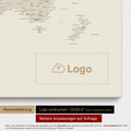 Mappa del mondo come Mappa da puntine in oro, sulla quale può essere stampato un logo aziendale e possono essere effettuate ulteriori personalizzazioni come realizzazioni su misura