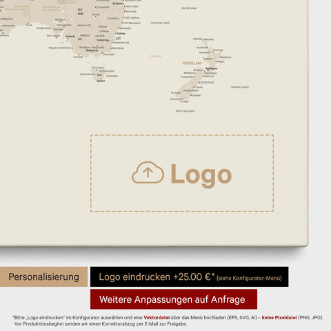 Mappa del mondo come Mappa da puntine in oro, sulla quale può essere stampato un logo aziendale e possono essere effettuate ulteriori personalizzazioni come realizzazioni su misura