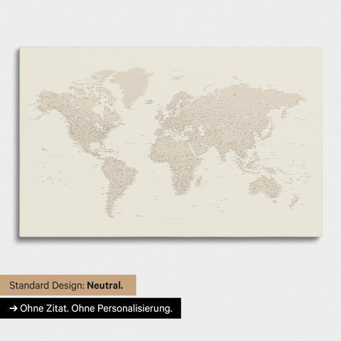 Neutrale und schlichte Ausführung einer Weltkarte als Pinn-Leinwand in Gold ohne Personalisierung
