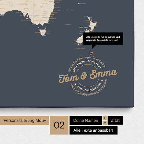Mappa del mondo personalizzata come Mappa per puntine su tela in Hale Navy (blu scuro oro) con nomi stampati e una legenda per segnare i luoghi visitati