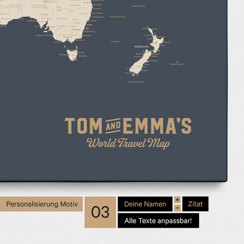 Personalizzazione di una Mappa per puntine del mondo in Hale Navy (blu scuro oro) con un logo in stile vintage, in cui è possibile modificare i nomi e il sottotitolo "World Travel Map"