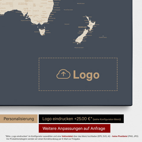 Mappa del mondo come Mappa da puntine in Hale Navy (Blu scuro oro), su cui può essere stampato un logo aziendale e possono essere effettuate ulteriori personalizzazioni come realizzazioni su misura