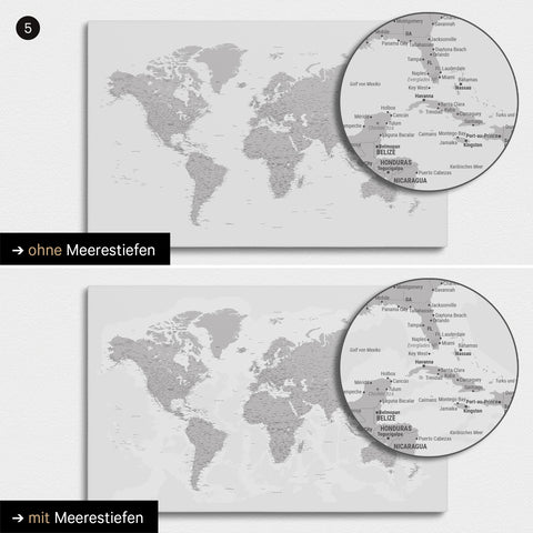 Mappa del mondo in grigio chiaro con profondità marine bidimensionali