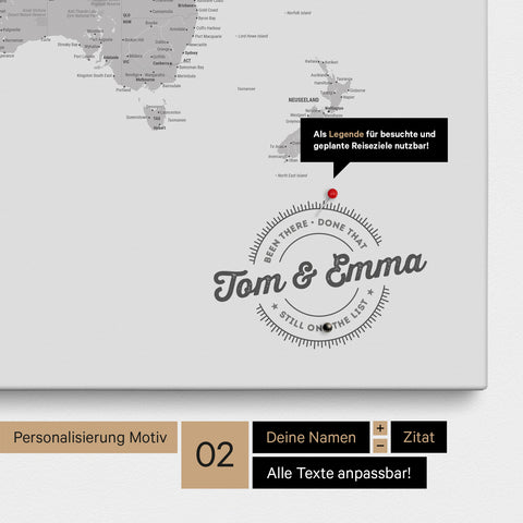 Mappa del mondo personalizzata come Mappa per puntine su tela grigio chiaro con nomi stampati e una legenda per segnare i luoghi visitati