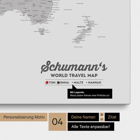Mappa per puntine tela di una mappa del mondo in grigio chiaro con personalizzazione come logo con cognome e legenda