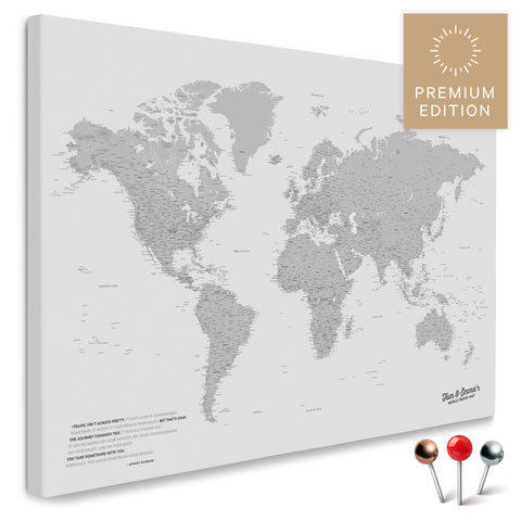 Mappa del mondo di alta qualità in grigio chiaro come tela da appuntare, perfetta per segnare e pianificare viaggi, acquista
