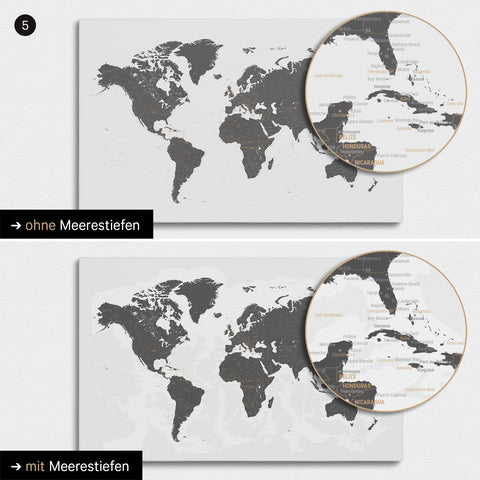Mappa del mondo in grigio chiaro con profondità marine bidimensionali
