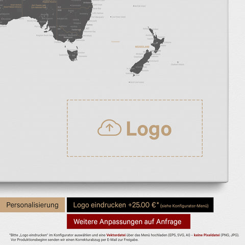 Mappa del mondo come Mappa da puntine in grigio chiaro, sulla quale può essere stampato un logo aziendale e possono essere effettuate ulteriori personalizzazioni come realizzazioni su misura